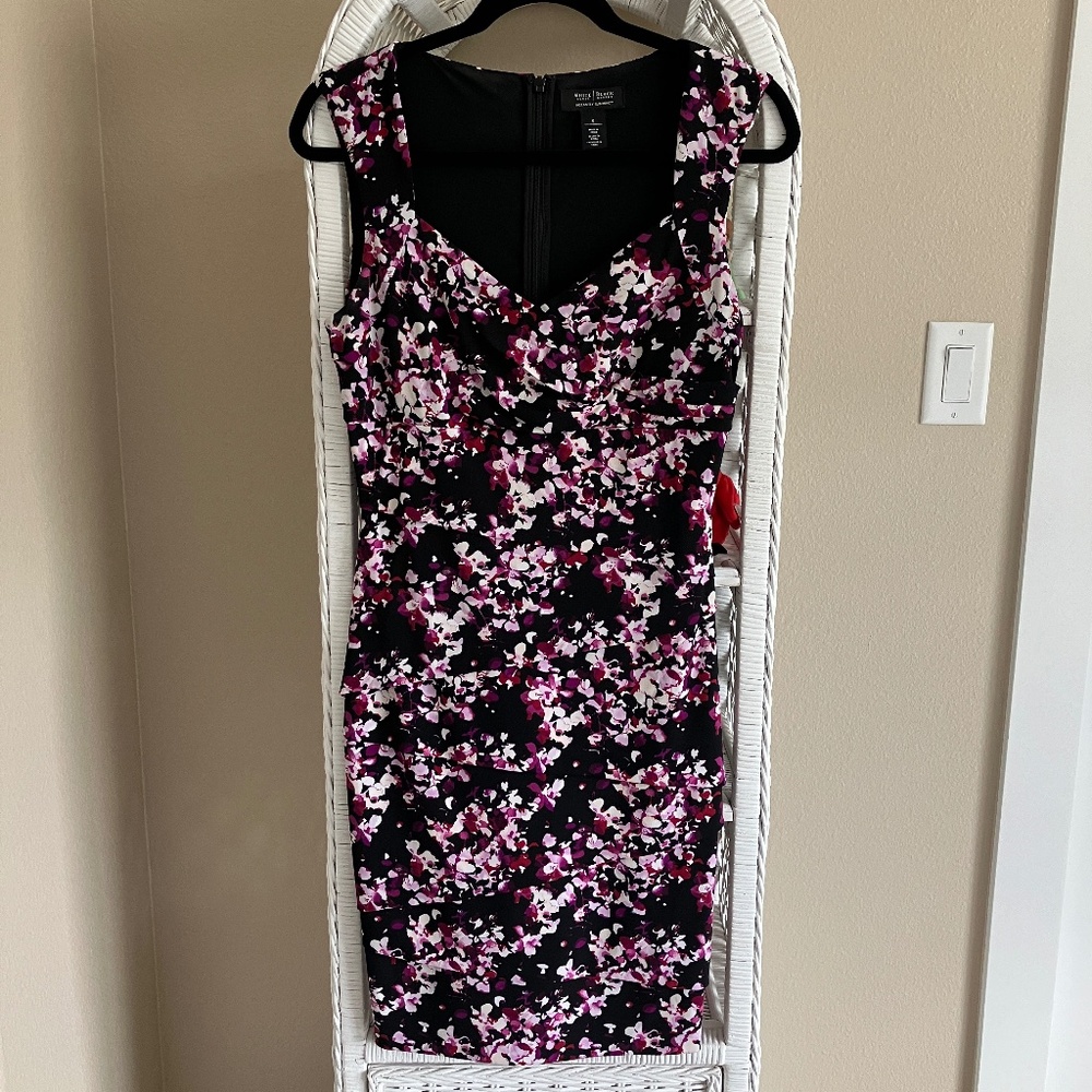 WHBM Instantly Slimming Dress, Size 8, Black with pink and burgundy colors
